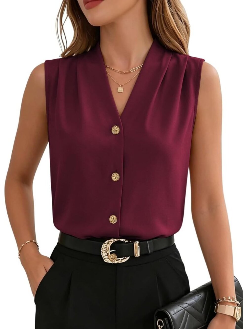 Women's Burgundy Sleeveless Button Down V Neck Imported Casual Blouses Tank Top